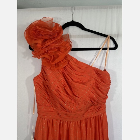 NWT MAC DUGGAL [ 6 ] Chiffon Polka Dot Ruffled One Shoulder Gown Tangerine Orang - Picture 9 of 13